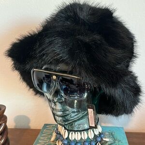 Jet Black Fuzzy Faux Fur Hat